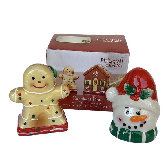 Pfaltzgraff Salt and Pepper Shaker Set NIB 3” Gingerbread Man & Snowman - Picture 1 of 5
